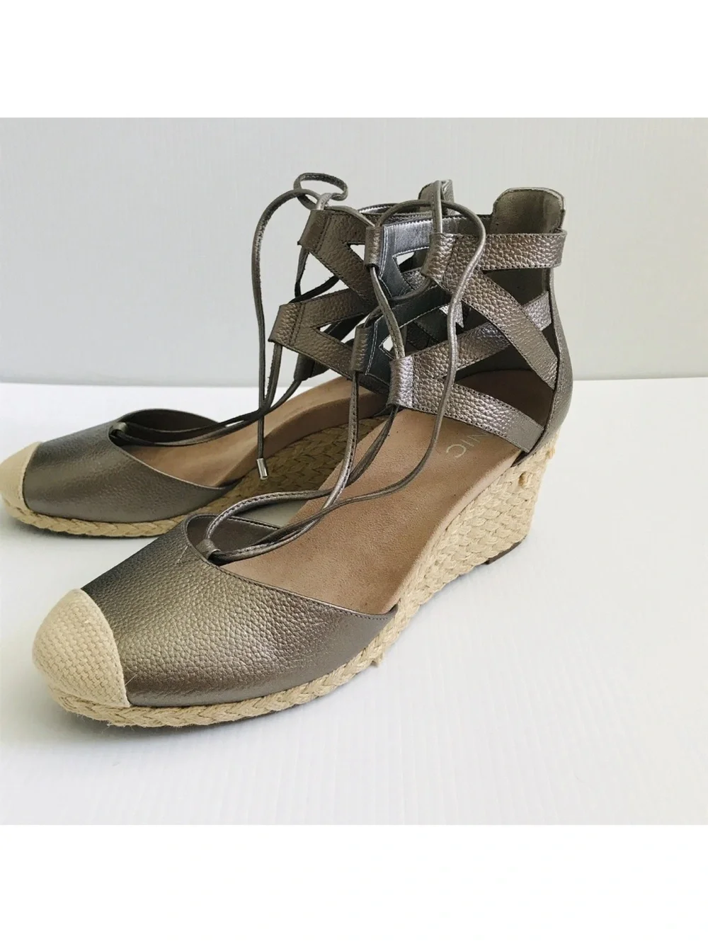 Vionic Metallic Silver Aruba Calypso Espadrille Sandals Jute Wedge Shoes Sz 10